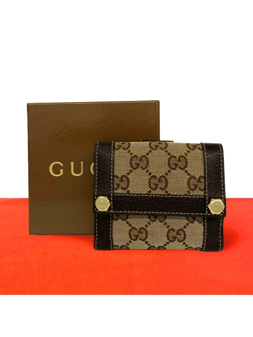 Gucci Logo GG Pattern Canvas Leather Bifold Wallet Mini Brown